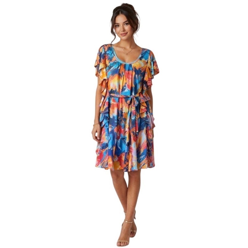 Signature by Robbie‎ Bee Size 14 Multicolor Ruffle Sleeve Dress